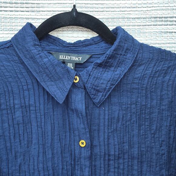 Ellen Tracy Long Top Womens XL Navy Textured Split Back Long Sleeve Button Up - Picture 3 of 8